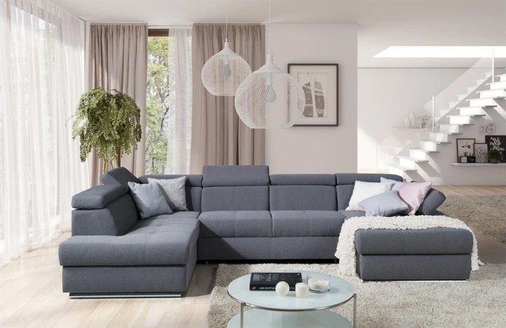 FABIOLA U moderná rozkladacia sedacia súprava do U s regulovateľnými opierkami hlavy a lakťov