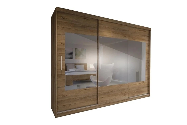 BRIANA 260 šatníková skriňa so zrkadlom a posuvnými dverami, dub lefkas tmavý
