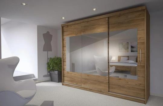 BRIANA 260 šatníková skriňa so zrkadlom a posuvnými dverami, dub lefkas tmavý