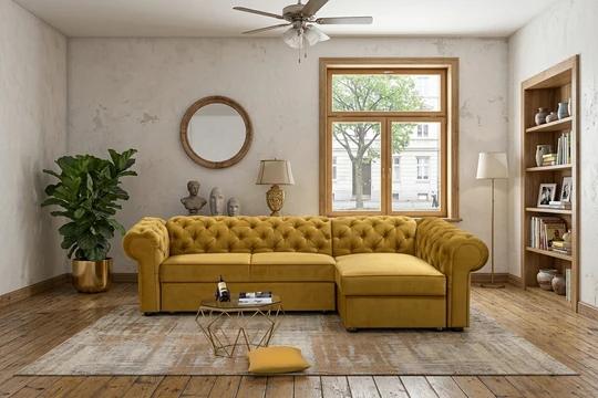 RAMONA XL rozkladacia rohová sedačka v chesterfield štýle, látkové gombíky