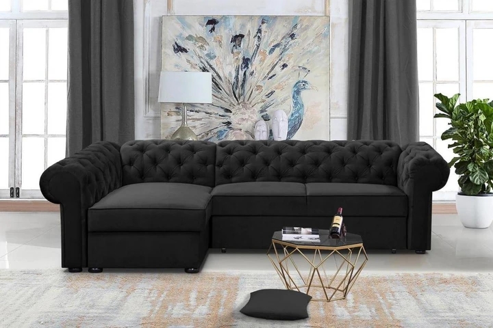 RAMONA XL rozkladacia rohová sedačka v chesterfield štýle, látkové gombíky