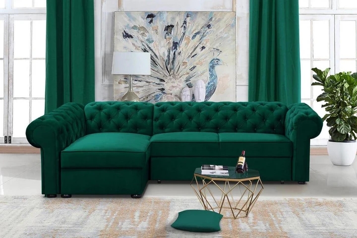 RAMONA XL rozkladacia rohová sedačka v chesterfield štýle, látkové gombíky