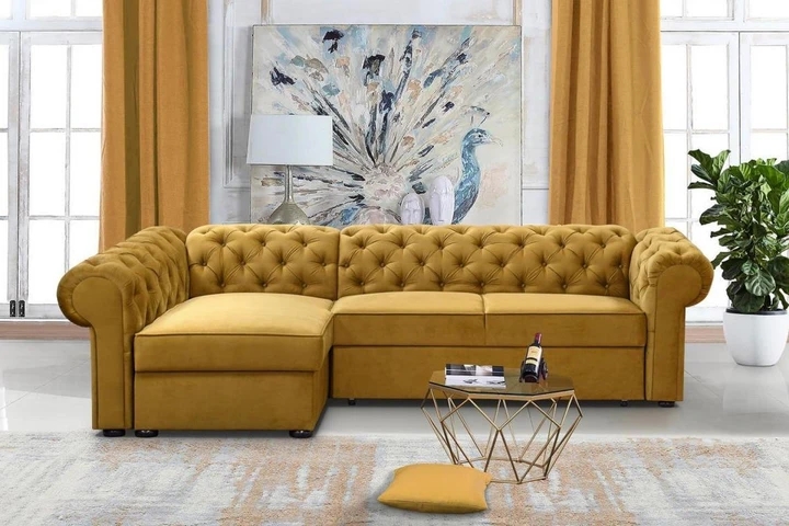 RAMONA XL rozkladacia rohová sedačka v chesterfield štýle, látkové gombíky