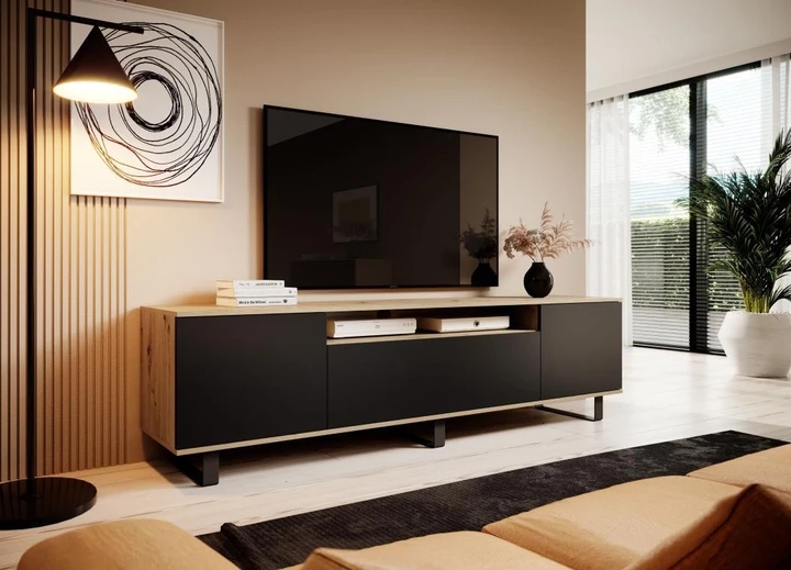 WADE TV stolík, čierný/dub artisan na vysokých nôžkach