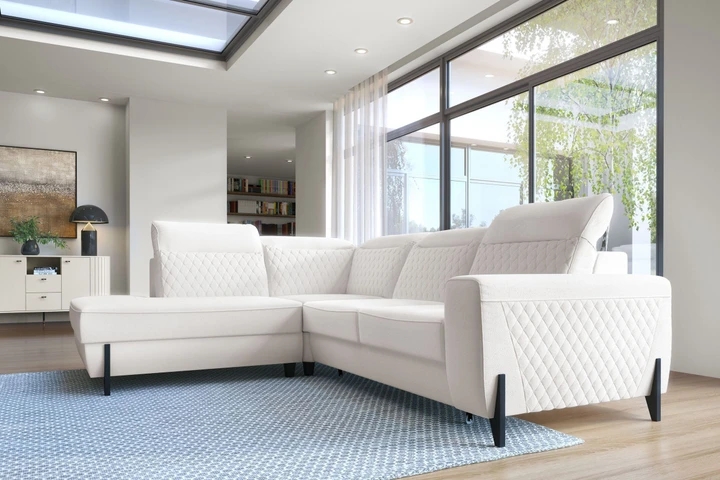 STUART elegantna rozkladacia rohová sedačka s úložným priestorom a opierkami hlavy, pravá koža