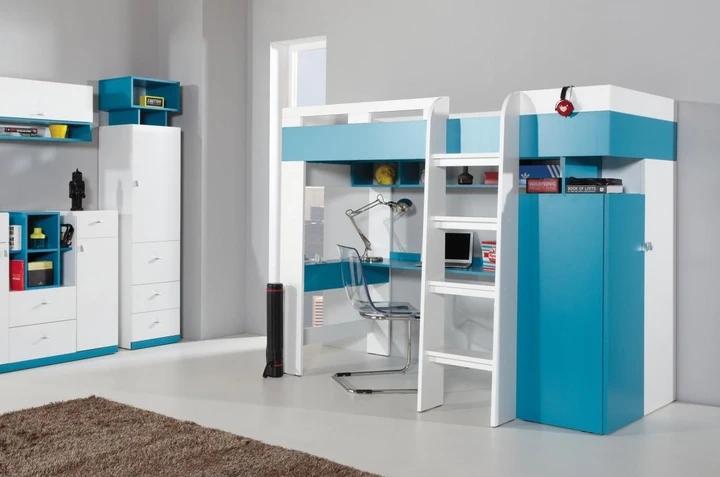 SHINE SH20 vyvýšená detská posteľ s písacím stolom a skriňou